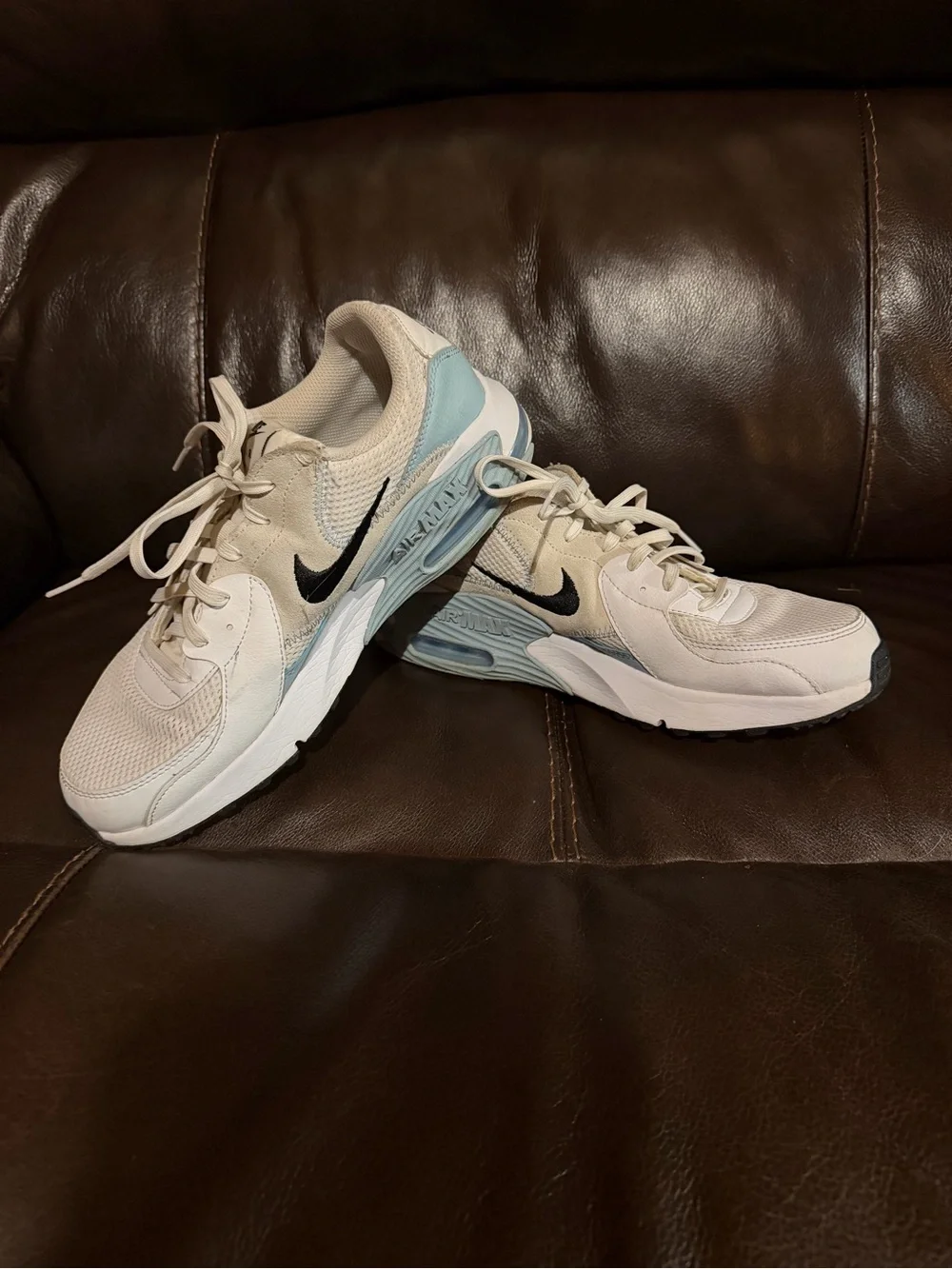 Nike Women’s Beige and Light Blue Air Max Sneakers with Black Swoosh